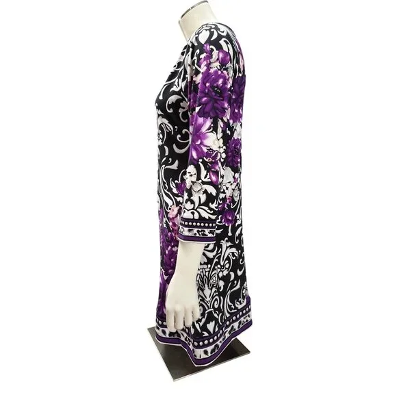 White House Black Market Medium Floral Black Purple Shift Dress Stretch Bold Des - Picture 3 of 12